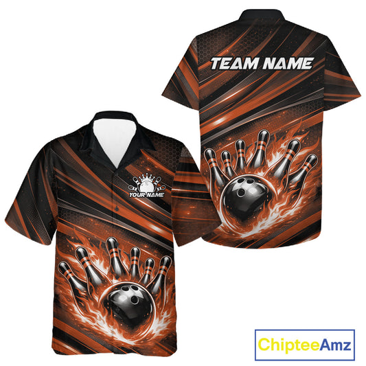 Front and back display of a black and orange button-up bowling shirt showcasing a flaming bowling ball hitting the pins with abstract stripe accents.