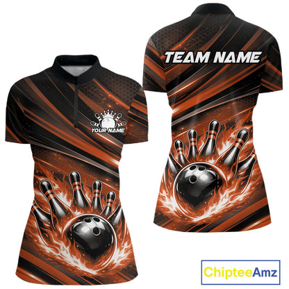 Women’s quarter zip bowling shirt mockup displaying black and orange shirt with fiery bowling ball striking pins and abstract stripe design
