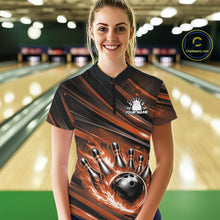 Load image into Gallery viewer, Custom Orange Fire Flame Bowling Team Women Quarter-Zip Shirt, Bowling League Shirt IPHW11188