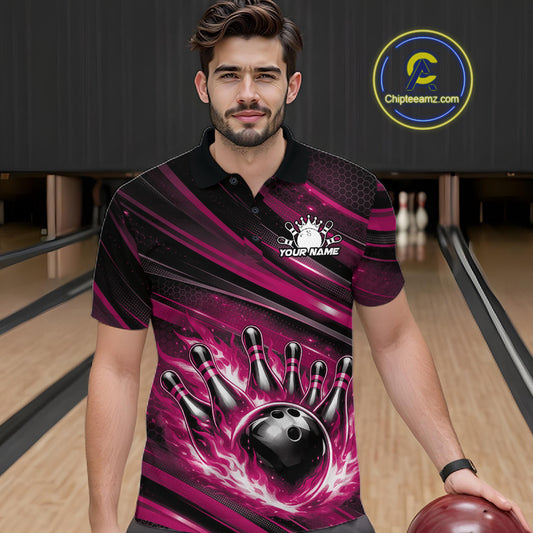 Male model wearing a black and pink bowling polo shirt at a bowling lane with fiery bowling action graphics and dynamic stripe accents.