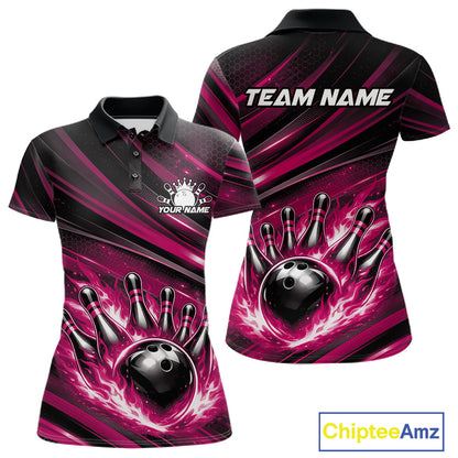 Front and back mockup of a black and pink women’s bowling polo shirt featuring a fiery bowling ball striking pins with abstract stripe artwork.