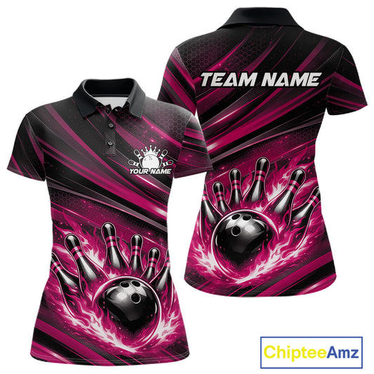 Front and back mockup of a black and pink women’s bowling polo shirt featuring a fiery bowling ball striking pins with abstract stripe artwork.