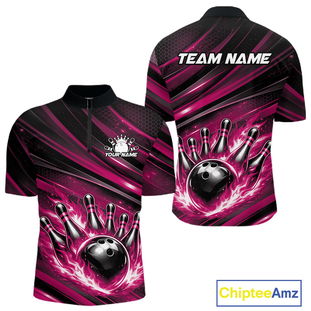 Front and back mockup of a black and pink men’s bowling quarter-zip shirt featuring a fiery bowling ball striking pins with abstract stripe artwork.