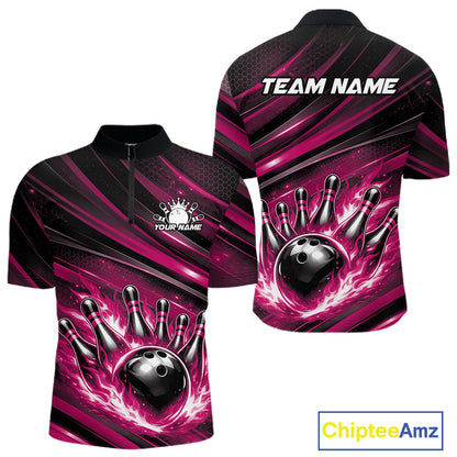 Front and back mockup of a black and pink men’s bowling quarter-zip shirt featuring a fiery bowling ball striking pins with abstract stripe artwork.