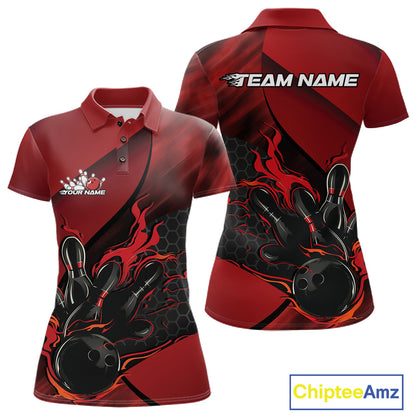 Front and back view of a black and red women’s bowling polo shirt showcasing a flaming bowling ball striking pins over a hexagon motif.