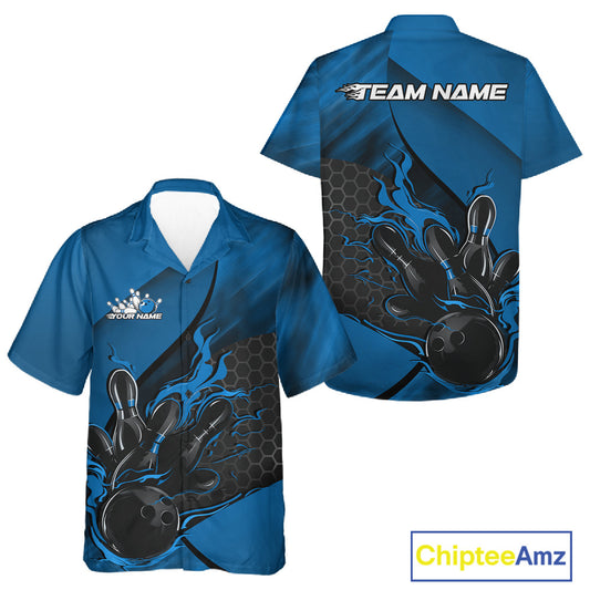 Front and back display of a black and blue button-up bowling shirt featuring a flaming bowling ball striking pins with hexagonal graphics.