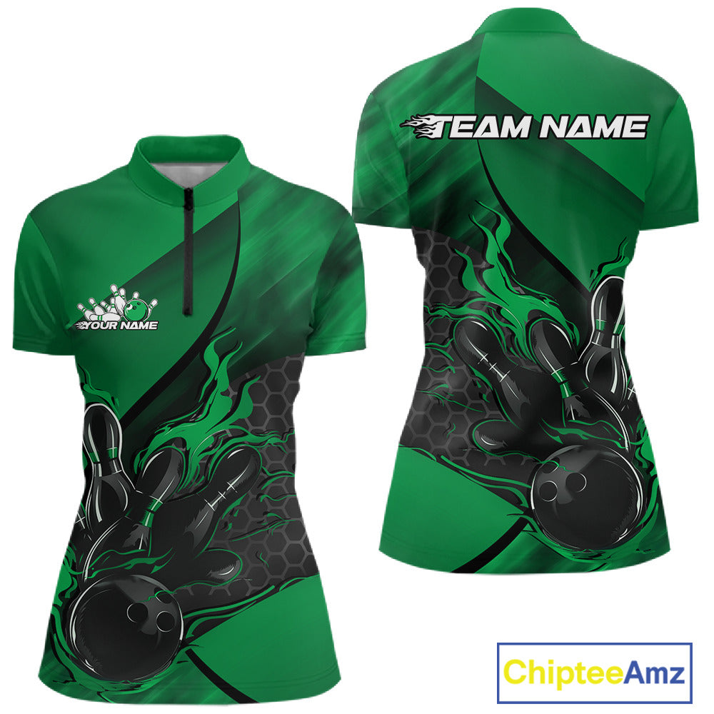Women’s quarter zip bowling shirt mockup showcasing black and green shirt with flame bowling ball striking pins artwork and hexagon pattern accents