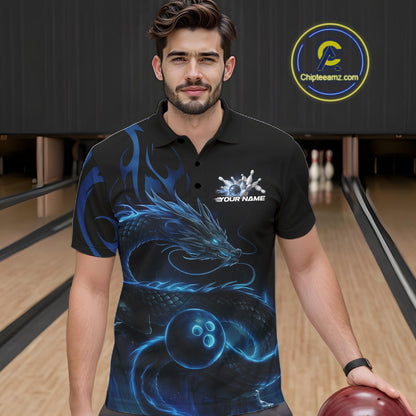Custom Blue Tribal Flame Dragon Bowlin Team Men Polo Shirt, Dragon Bowling Jerseys IPHW10229