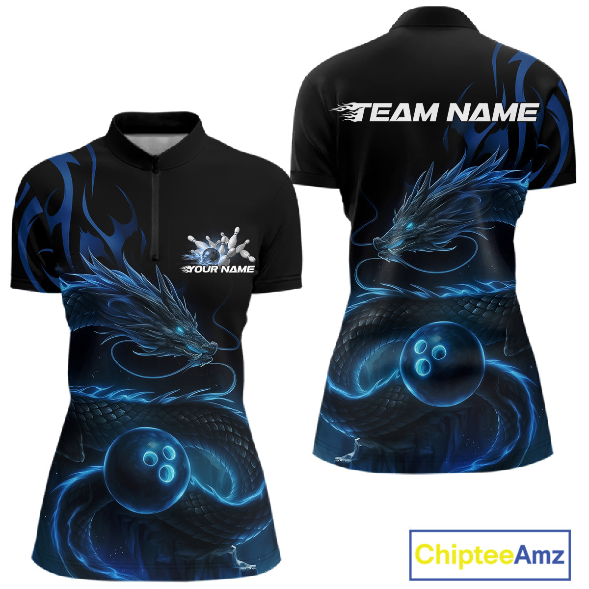 Custom Blue Tribal Flame Dragon Bowlin Women Quarter-Zip Shirt, Dragon Bowling Jerseys IPHW10229