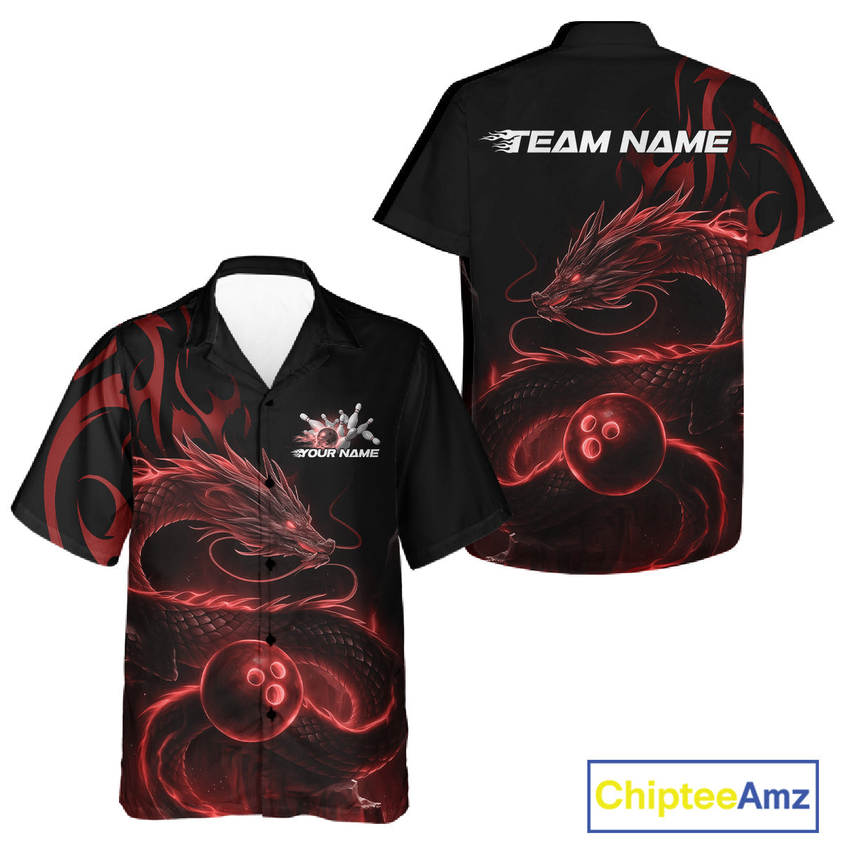 Custom Red Tribal Flame Dragon Bowlin Team Men And Women Hawaiian Shirt, Dragon Bowling Jerseys IPHW10230