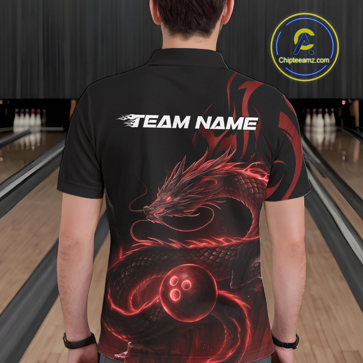 Custom Red Tribal Flame Dragon Bowlin Team Men Polo Shirt, Dragon Bowling Jerseys IPHW10230
