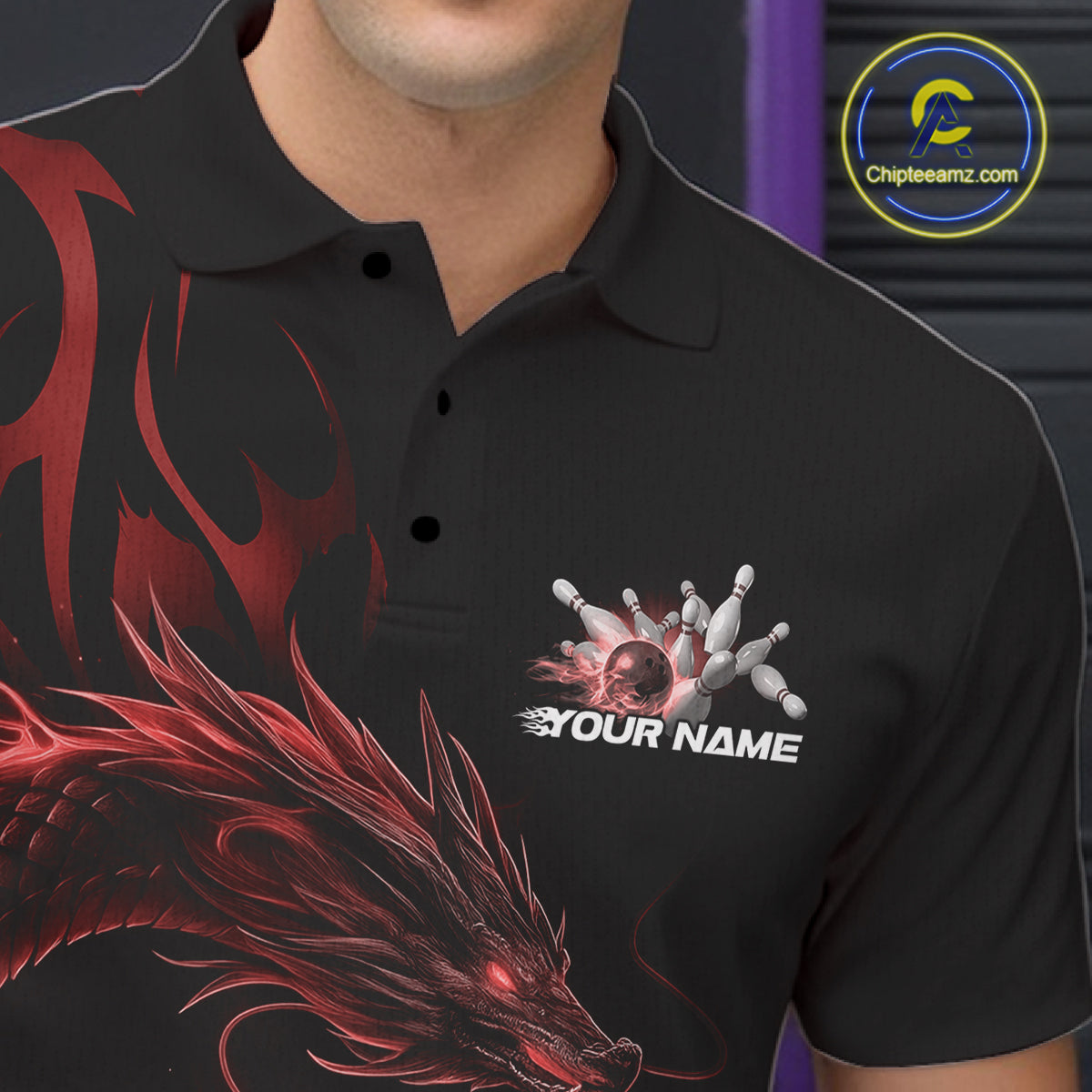 Custom Red Tribal Flame Dragon Bowlin Team Men Polo Shirt, Dragon Bowling Jerseys IPHW10230