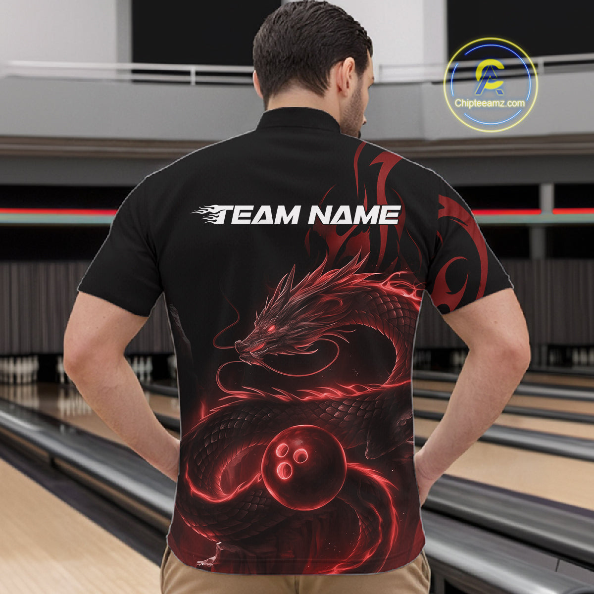 Custom Red Tribal Flame Dragon Bowlin Team Men Quarter-Zip Shirt, Dragon Bowling Jerseys IPHW10230