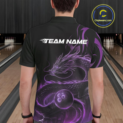 Custom Purple Tribal Flame Dragon Bowlin Team Men Polo Shirt, Dragon Bowling Jerseys IPHW10231