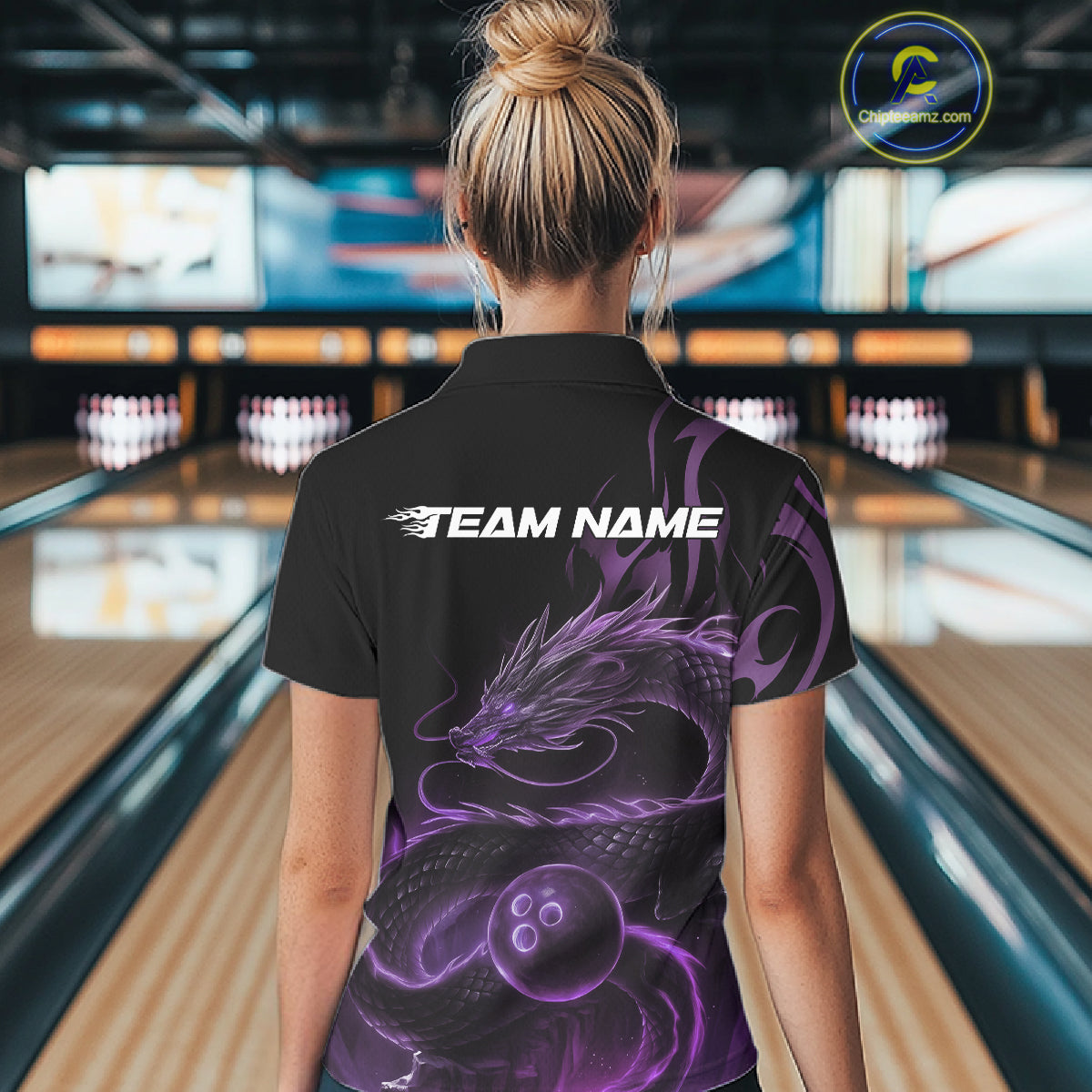 Custom Purple Tribal Flame Dragon Bowlin Team Women Polo Shirt, Dragon Bowling Jerseys IPHW10231
