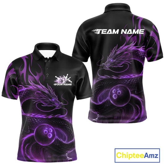 Custom Purple Tribal Flame Dragon Bowlin Team Men Polo Shirt, Dragon Bowling Jerseys IPHW10231