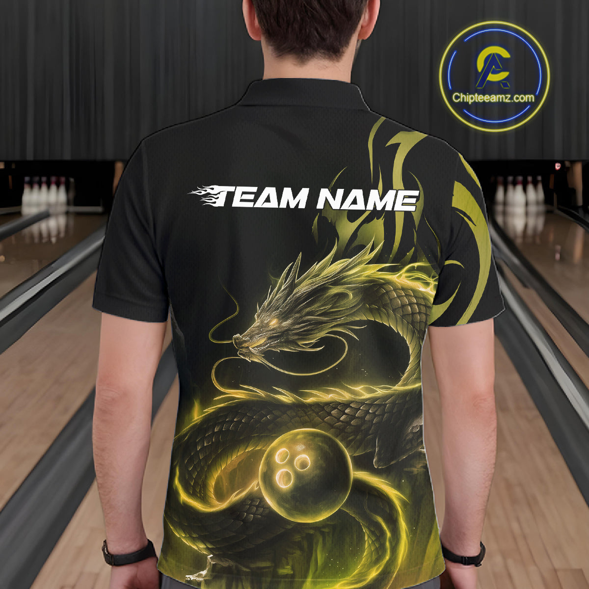 Custom Gold Tribal Flame Dragon Bowlin Team Men Polo Shirt, Dragon Bowling Jerseys IPHW10232