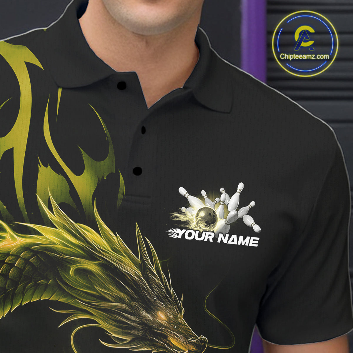 Custom Gold Tribal Flame Dragon Bowlin Team Men Polo Shirt, Dragon Bowling Jerseys IPHW10232