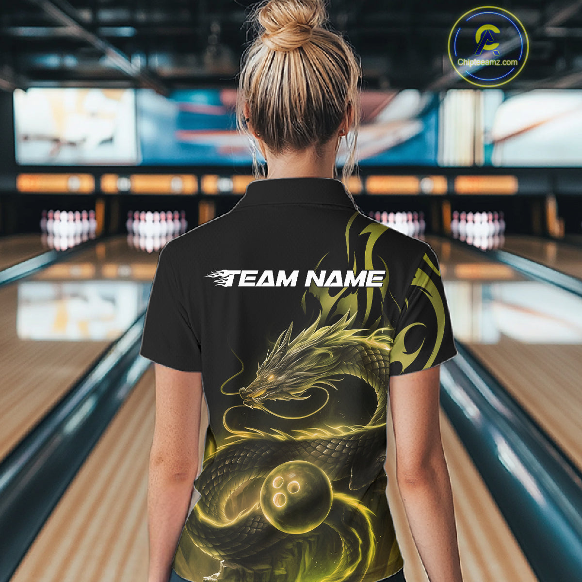 Custom Gold Tribal Flame Dragon Bowlin Team Women Polo Shirt, Dragon Bowling Jerseys IPHW10232