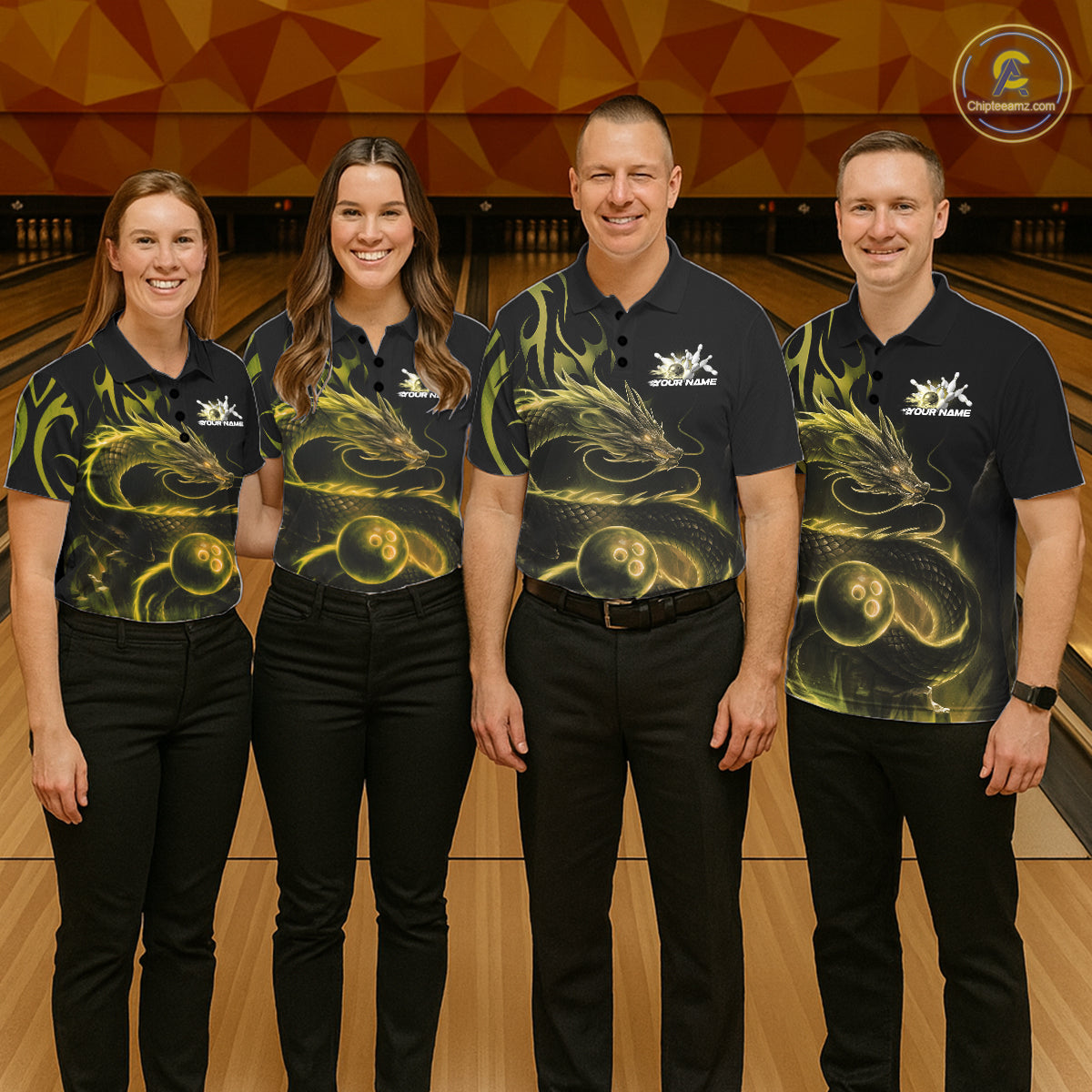 Custom Gold Tribal Flame Dragon Bowlin Team Men Polo Shirt, Dragon Bowling Jerseys IPHW10232