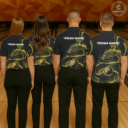 Custom Gold Tribal Flame Dragon Bowlin Team Men Polo Shirt, Dragon Bowling Jerseys IPHW10232