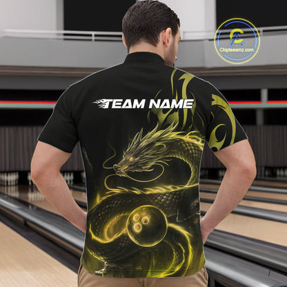 Custom Gold Tribal Flame Dragon Bowlin Team Men Quarter-Zip Shirt, Dragon Bowling Jerseys IPHW10232