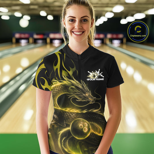 Custom Gold Tribal Flame Dragon Bowlin Women Quarter-Zip Shirt, Dragon Bowling Jerseys IPHW10232