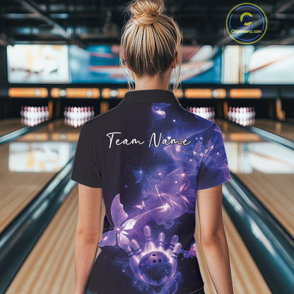 Custom Purple Galaxy Butterfly Bowling Women Polo Shirt, Ladies Bowling Team Outfit IPHW10881