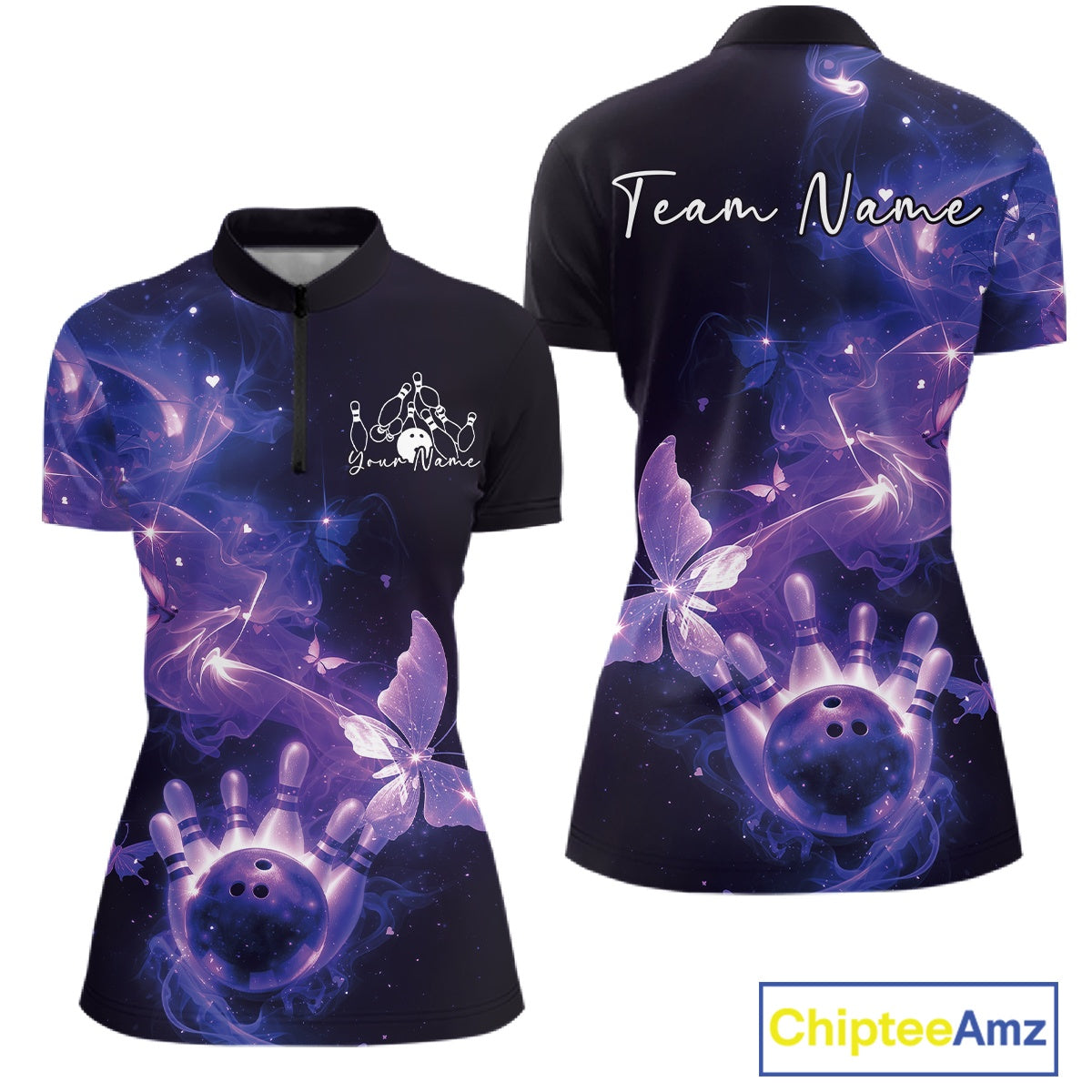Custom Purple Galaxy Butterfly Bowling Women Quarter-Zip Shirt, Bowling Team Outfit IPHW10881