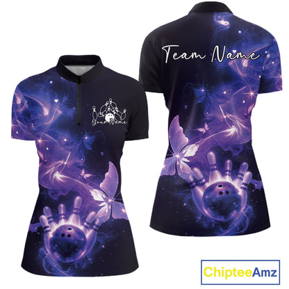 Custom Purple Galaxy Butterfly Bowling Women Quarter-Zip Shirt, Bowling Team Outfit IPHW10881