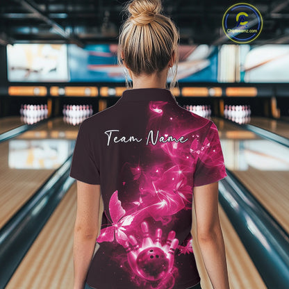 Custom Pink Galaxy Butterfly Bowling Women Polo Shirt, Ladies Bowling Team Outfit IPHW10882