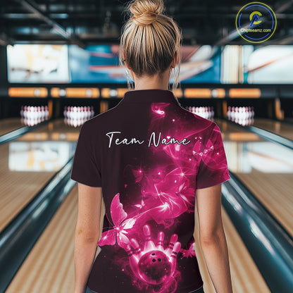 Custom Pink Galaxy Butterfly Bowling Women Quarter-Zip Shirt, Ladies Bowling Team Outfit IPHW10882