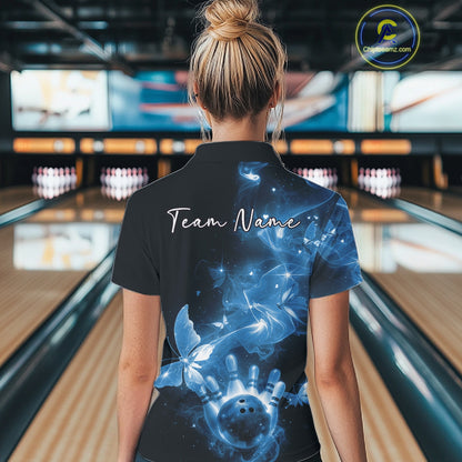 Custom Blue Galaxy Butterfly Bowling Women Polo Shirt, Ladies Bowling Team Outfit IPHW10883