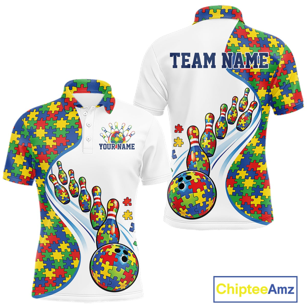 Men’s bowling polo shirt mockup front and back displaying colorful autism-themed bowling strikes and puzzle artwork on white shirt