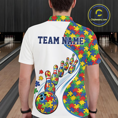 Male model at a bowling lane, back view of white polo shirt showcasing colorful autism bowling strike illustration with puzzle graphics