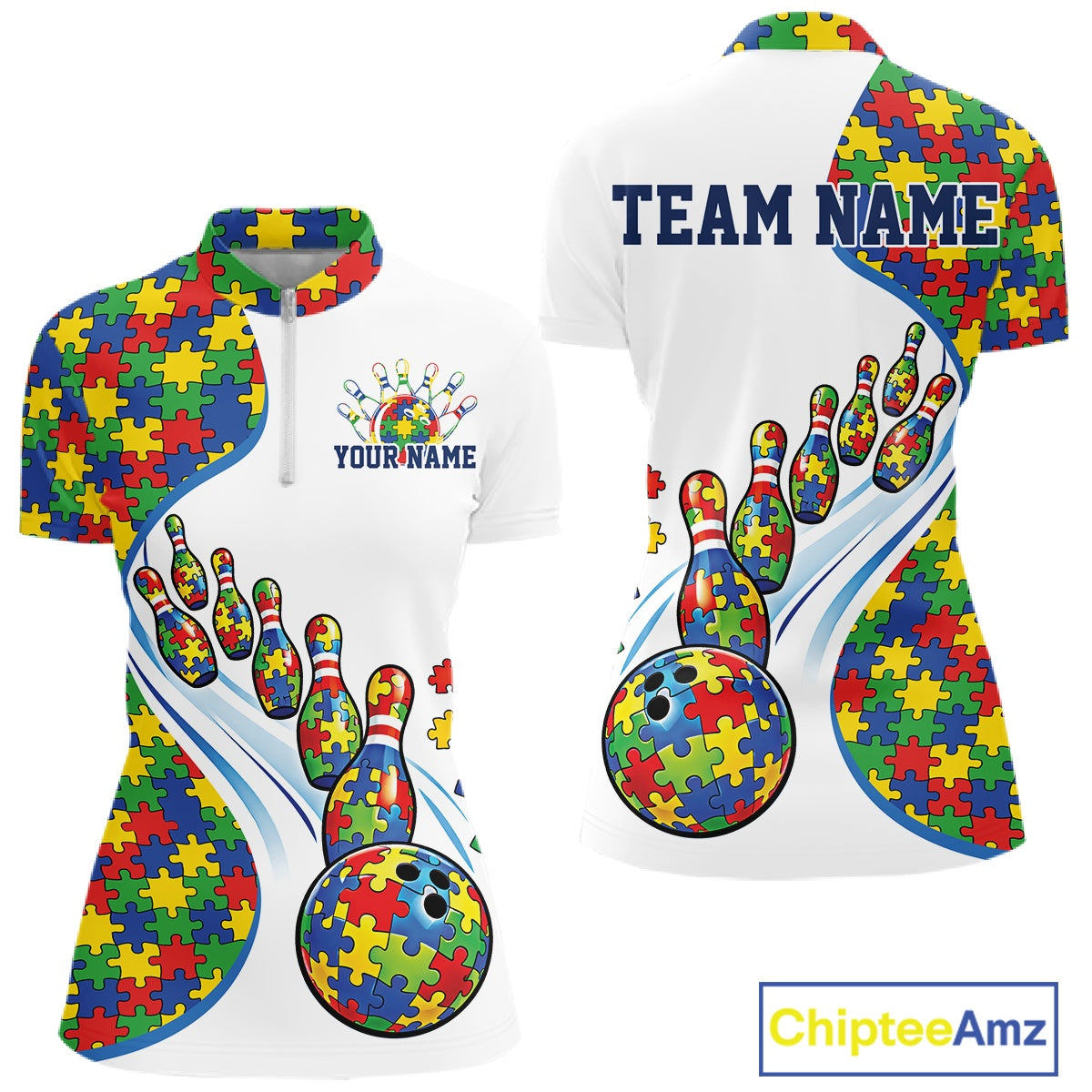 Front and back view of a women’s quarter-zip bowling shirt mockup in white, featuring colorful autism-themed bowling strikes and puzzle graphics.