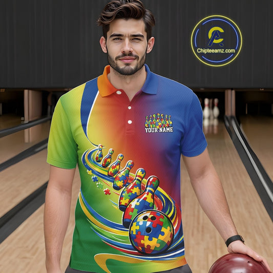 Male model in a bowling lane wearing a colorful polo shirt, front view featuring autism puzzle bowling ball and pins trail artwork