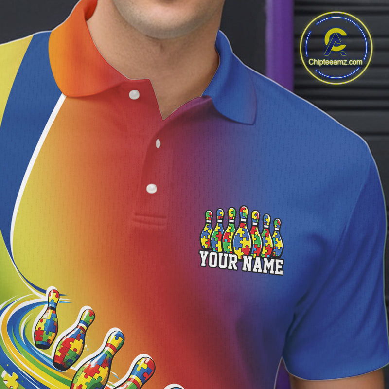 Close-up left chest detail of colorful bowling polo shirt featuring autism puzzle bowling ball and pins emblem artwork
