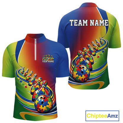 Front and back view of a men’s quarter-zip bowling shirt mockup featuring an autism puzzle-patterned bowling ball with trailing matching bowling pins in colorful design.
