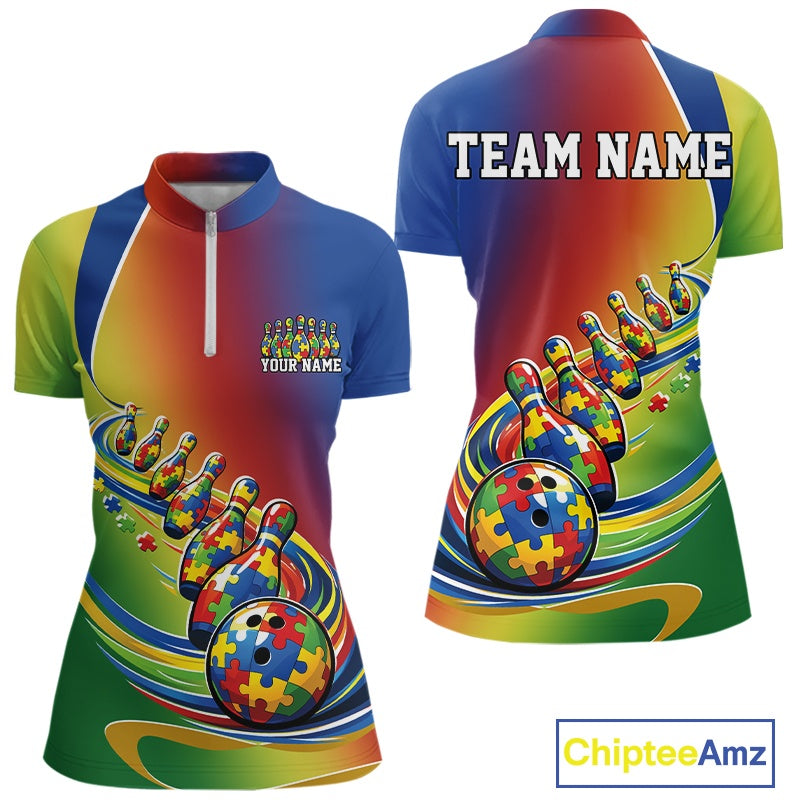 Front and back view of a women’s quarter-zip bowling shirt mockup in colorful autism puzzle design, featuring patterned bowling ball and trailing pins.