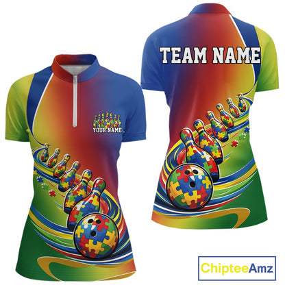 Front and back view of a women’s quarter-zip bowling shirt mockup in colorful autism puzzle design, featuring patterned bowling ball and trailing pins.
