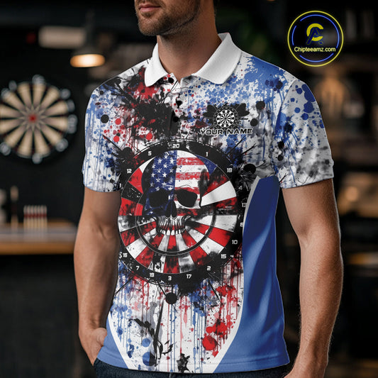 Custom Grunge Red, White And Blue Splatter Patriotic US Flag Dart Skull Men Polo Shirt IPHW9986