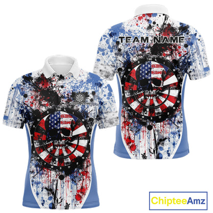Custom Grunge Red, White And Blue Splatter Patriotic US Flag Dart Skull Men Polo Shirt IPHW9986