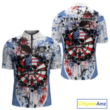 Load image into Gallery viewer, Custom Grunge Red, White And Blue Splatter Patriotic US Flag Dart Skull Men Quarter-Zip Shirt IPHW9986