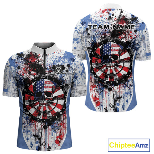 Custom Grunge Red, White And Blue Splatter Patriotic US Flag Dart Skull Men Quarter-Zip Shirt IPHW9986