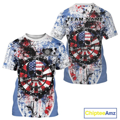 Custom Grunge Red, White And Blue Splatter Patriotic US Flag Dart Skull Men T-Shirts IPHW9986
