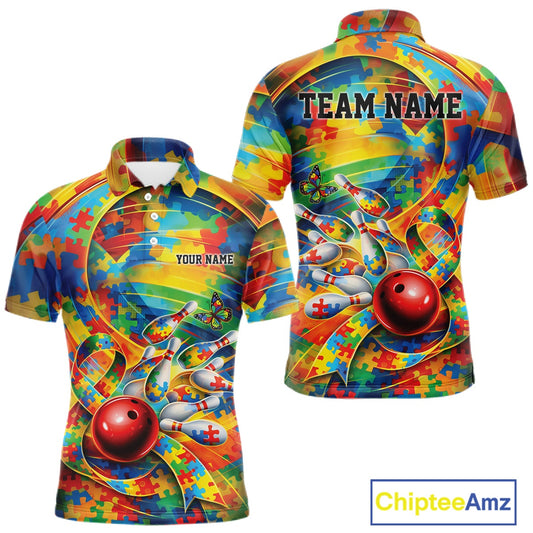 Men’s bowling polo shirt mockup front and back showing autism awareness ribbon with multicolored puzzle bowling design in vibrant tones