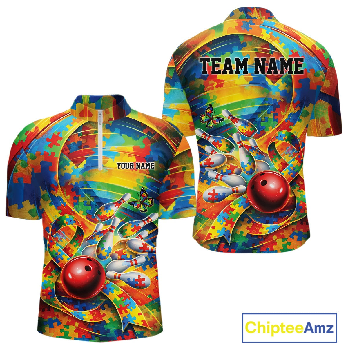Front and back view of a men’s quarter-zip bowling shirt mockup featuring autism puzzle bowling design with multi-colored puzzle patterns.