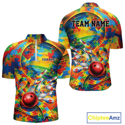 Front and back view of a men’s quarter-zip bowling shirt mockup featuring autism puzzle bowling design with multi-colored puzzle patterns.