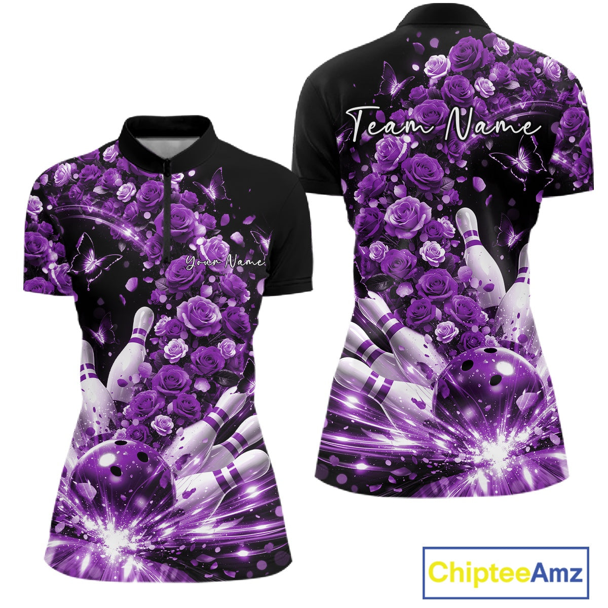 Custom Beautiful Purple Roses And Butterfly Women Bowling League Team Shirt IPHW10890